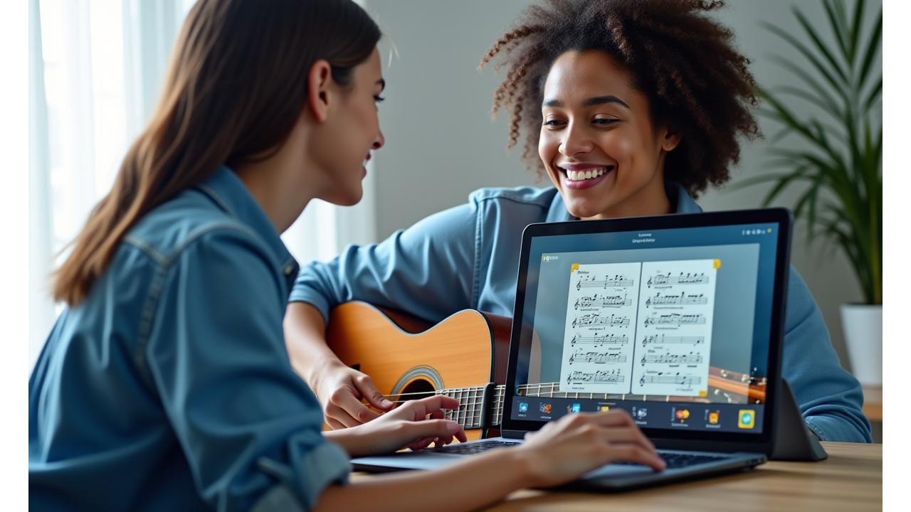 Músico profesional guiando a un estudiante en una clase virtual, ambos concentrados y sonriendo, con interfaz de videollamada y partituras digitales en pantalla. Diseño limpio y moderno.