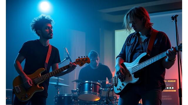 Banda de Rock Independiente grabando en un estudio moderno, énfasis en la unión y energía creativa.
