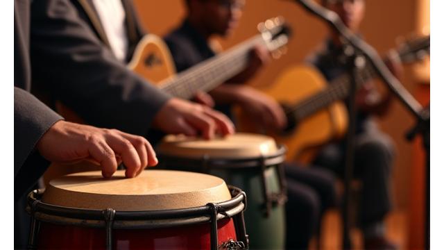 Músicos interpretando Latin Jazz en un estudio de grabación, con instrumentos típicos y un ambiente vibrante.
