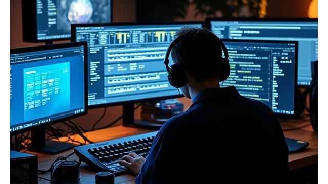Compositor de bandas sonoras trabajando en un estudio con múltiples pantallas y equipo de audio profesional, evocando creatividad cinematográfica.