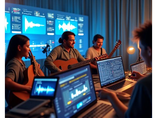 Músicos de diferentes países latinoamericanos colaborando en línea con instrumentos y equipos de audio, mostrando tecnología y diversidad.