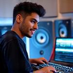 Carlos Ramírez sonriendo mientras manipula un controlador MIDI y un teclado en un estudio de producción musical moderno.