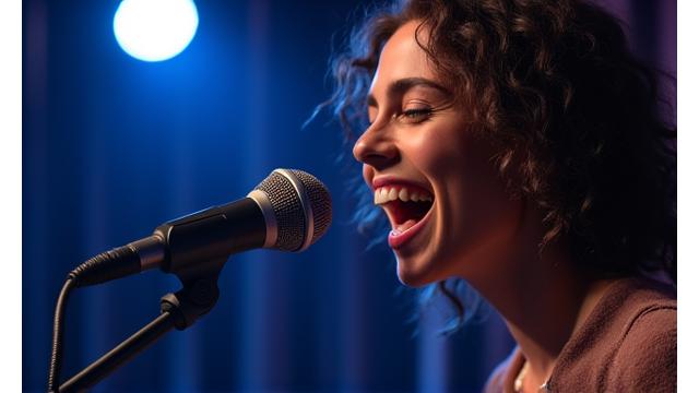 Vocalista cantando apasionadamente en un micrófono de estudio