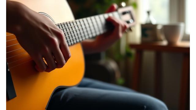 Guitarrista tocando una guitarra acústica en un ambiente acogedor