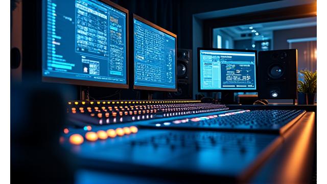 Mesa de mezclas de audio y equipo de producción musical en un estudio profesional