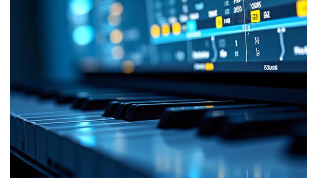 Teclado musical con notas de acordes y diagramas de armonía moderna