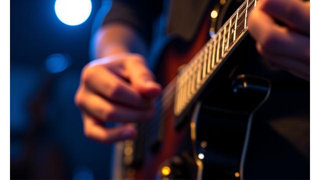 Primer plano de manos tocando una guitarra eléctrica en un ambiente de jazz club