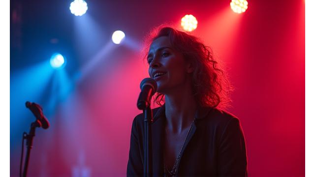 Cantante en un escenario durante una actuación en vivo, con luces de colores