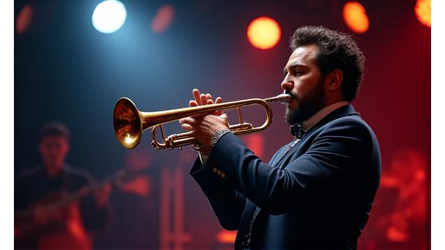 Músico en un escenario, enfocado en su performance y estilo