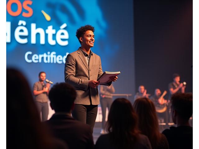 Un músico recibiendo un certificado de logro en un escenario