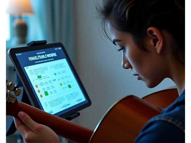Estudiante practicando guitarra con una partitura digital interactiva