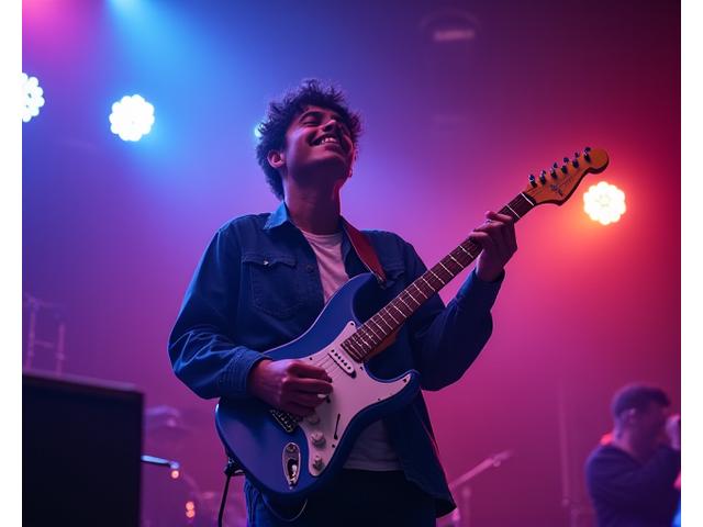 Joven guitarrista en Medellín tocando en un escenario iluminado