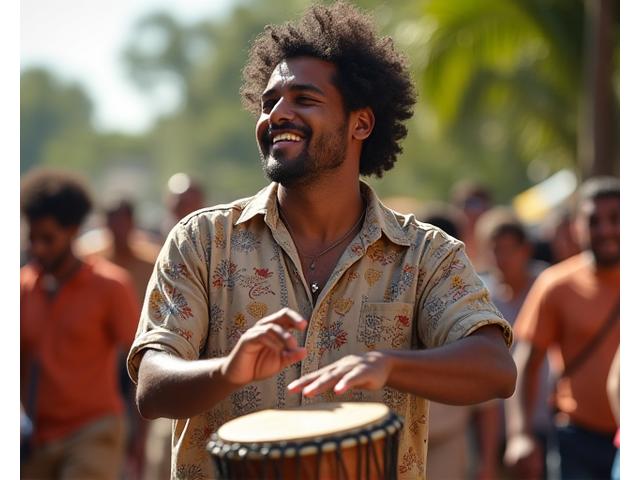 Músico tocando percusión folclórica en un festival en Cali