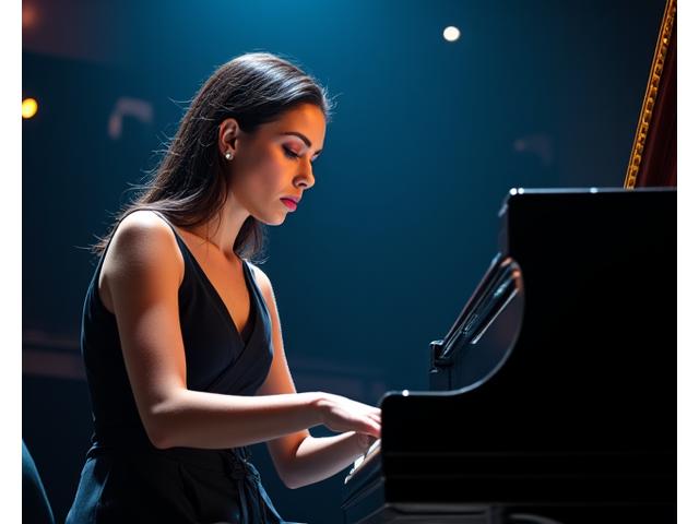 Mujer joven tocando piano en un concierto en Bogotá