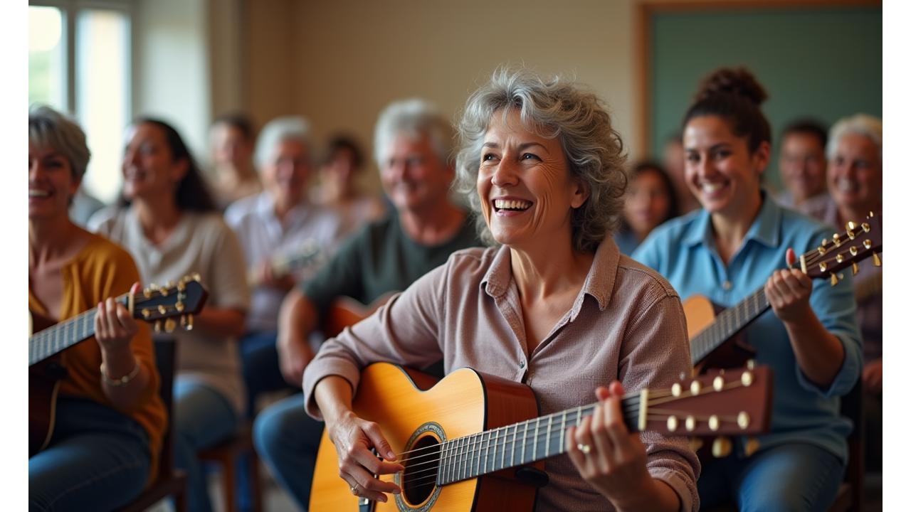 Diversos estudiantes adultos de diferentes edades disfrutando clases de música, algunos tocando piano, otros guitarra y cantando con sonrisas genuinas.