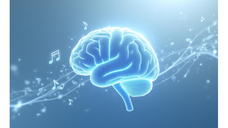 Visualización abstracta de un cerebro humano rodeado de notas musicales y ondas sonoras, simbolizando la conexión entre música y cognición.