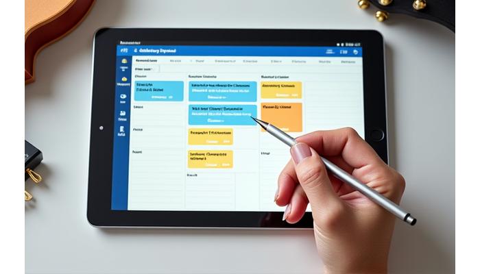 Calendario digital interactivo que muestra horarios de clases de música flexibles con diferentes rangos de edad y horarios disponibles, destacando opciones de mañana, tarde y fin de semana.