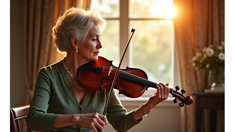 Una mujer senior sonriente tocando un violín en un entorno elegante y acogedor, simbolizando el enriquecimiento personal en la jubilación.