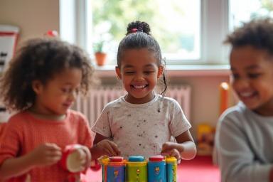 Niños pequeños juegan con instrumentos musicales de juguete en un entorno vibrante.