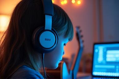Adolescente con auriculares y guitarra eléctrica, concentrado en una lección virtual.
