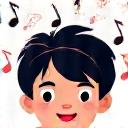 Niño sonriendo mientras interactúa con notas musicales flotantes, representando el desarrollo cognitivo.