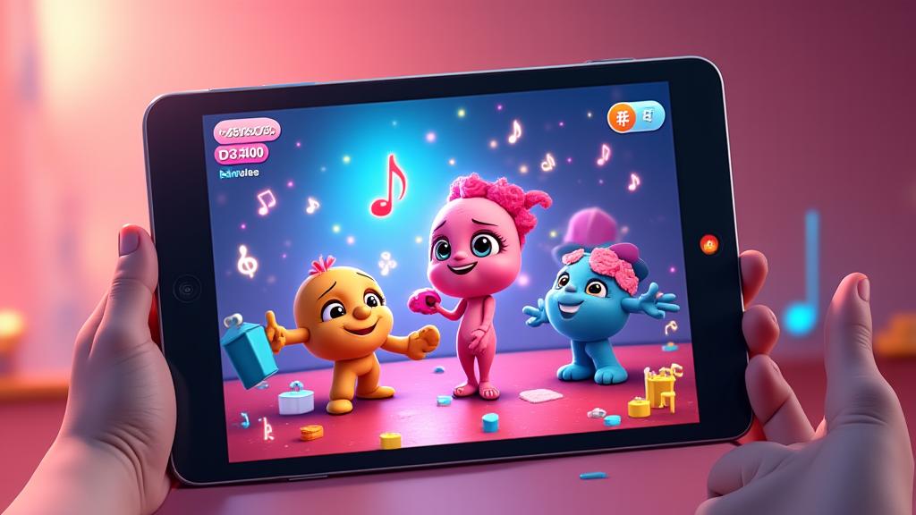 Captura de pantalla de un juego musical interactivo con colores brillantes y elementos gamificados.