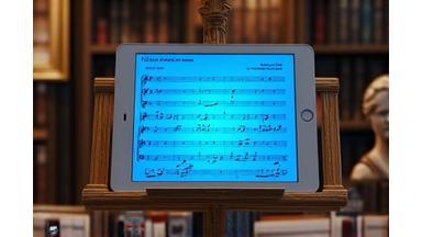 Partituras clásicas de Bach y Mozart en un atril digital.