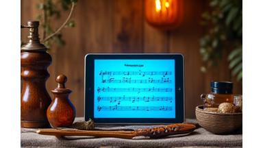 Instrumentos tradicionales latinoamericanos y partituras con símbolos musicales.