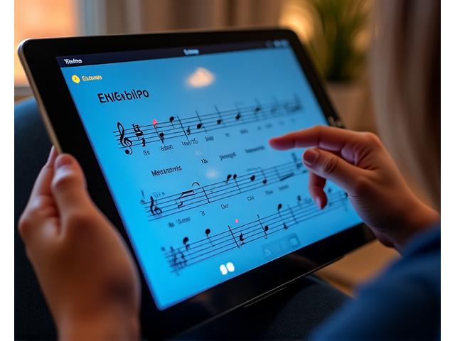 Interfaz de partitura interactiva con herramientas de reproducción, metrónomo y transposición destacadas.
