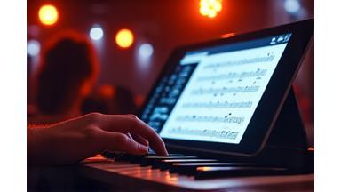 Pianista tocando jazz con una partitura digital de fondo.