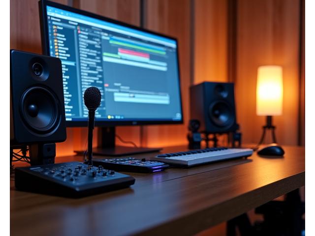Músico trabajando en un home studio profesional con monitores, interfaz de audio y micrófono