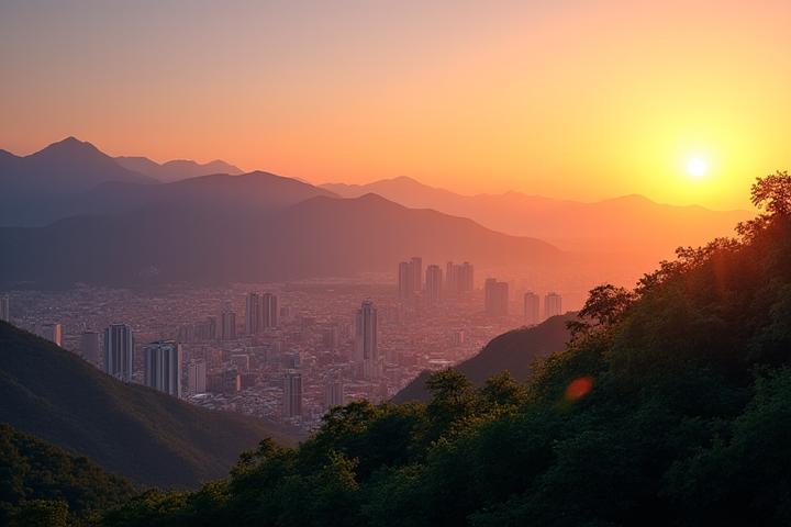 Paisaje urbano de Medellín al atardecer, mostrando su modernidad y belleza natural, con un sutil elemento musical superpuesto.