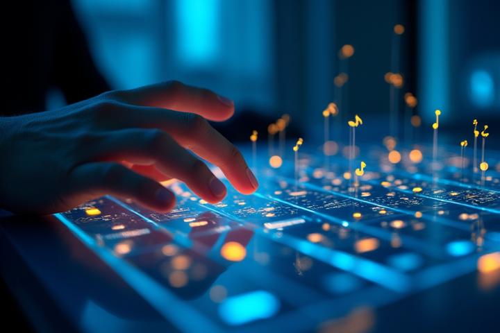 Representación de una interfaz futurista de inteligencia artificial adaptando una partitura musical en tiempo real.