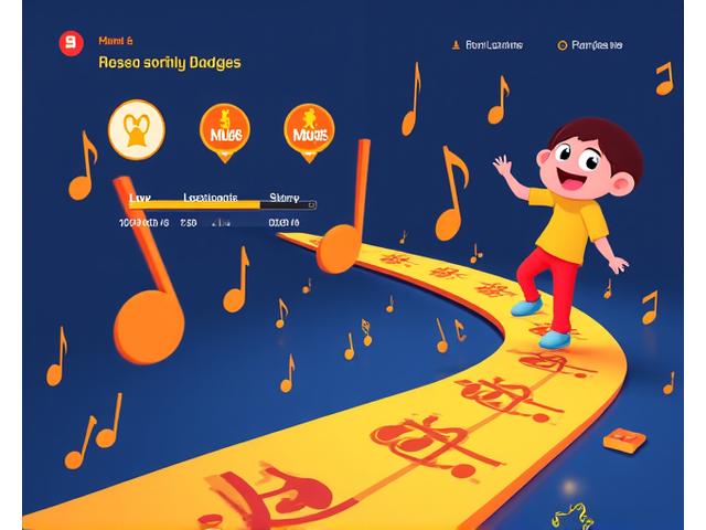Captura de pantalla de una interfaz de juego educativo musical con barra de progreso, medallas y un personaje feliz.