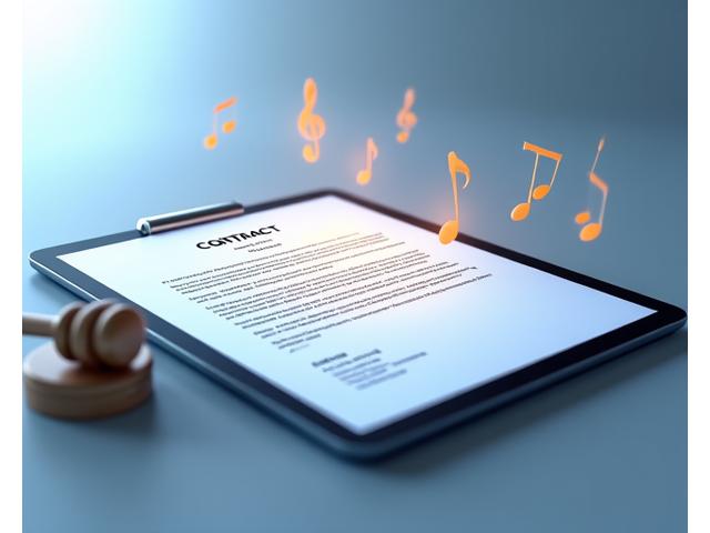 Ilustración de un contrato digital y un martillo de juez en un entorno de aprendizaje musical con notas etéreas, simbolizando la justicia y la claridad de Ferros Note.