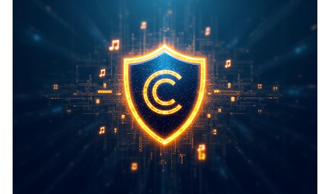 Ilustración de un escudo con notas musicales y un icono de copyright, rodeado de un entorno digital seguro, simbolizando la protección de la propiedad intelectual en Ferros Note.