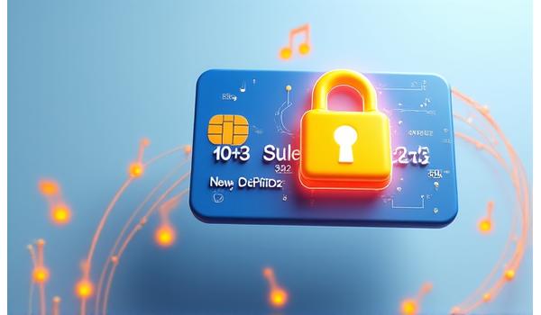 Ilustración de una tarjeta de crédito segura con un candado digital y notas musicales flotando, simbolizando transacciones claras y protegidas en Ferros Note.