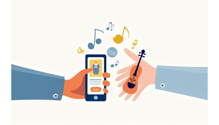 Ilustración abstracta de manos colaborando alrededor de un violín y notas musicales, con iconos flotantes de seguridad y comunidad, en un estilo limpio y digital, reflejando el espíritu colaborativo y seguro de Ferros Note.